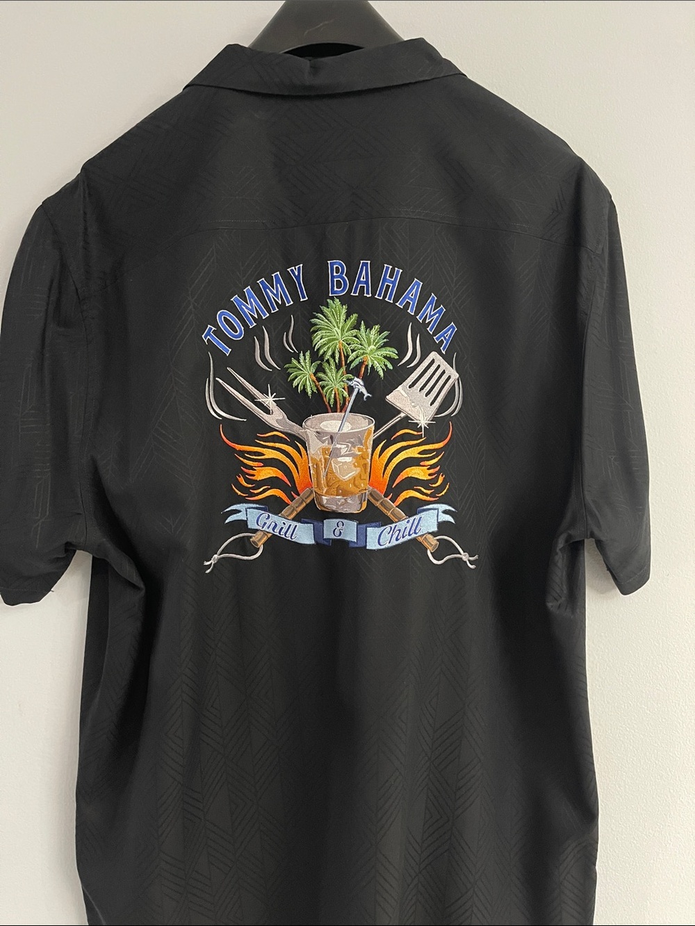 Tommy Bahama Black Short-Sleeve Camp Shirt with Colorful Back Embroidery